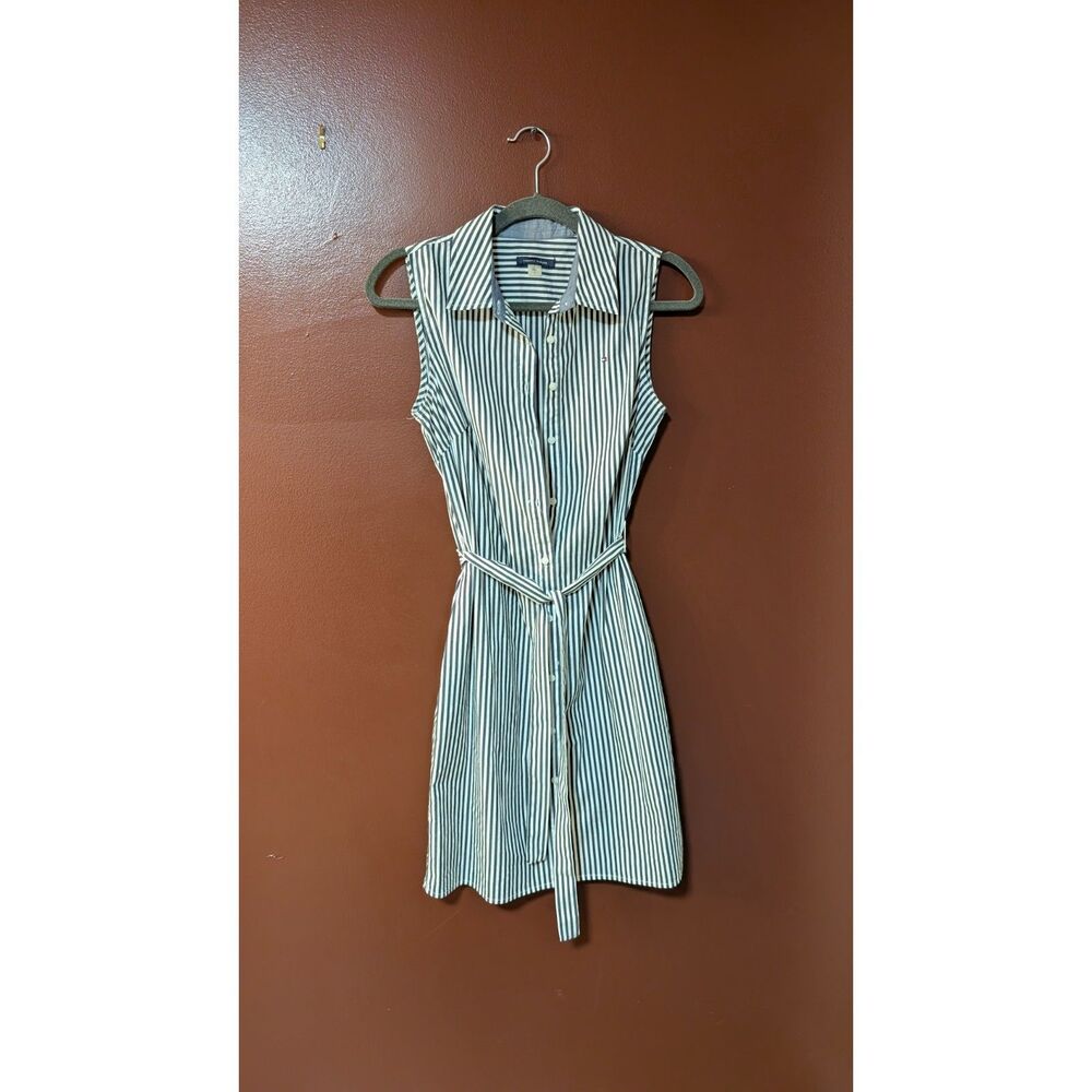 Tommy Hilfiger Size 4 Striped Sleeveless Belted Shirt Dress Preppy Blue White